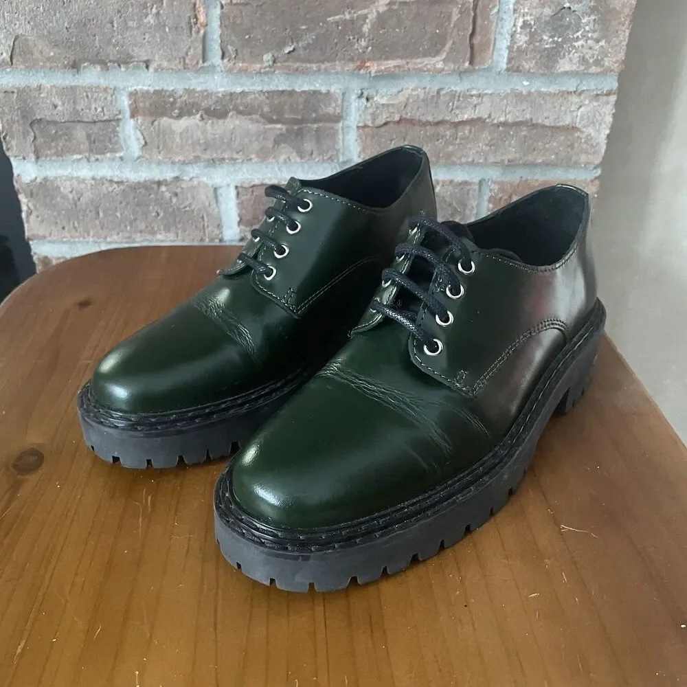 Anthropologie Maeve Leather Oxford Women's Size 5.5 EU 36 Green Lace Up Lug
